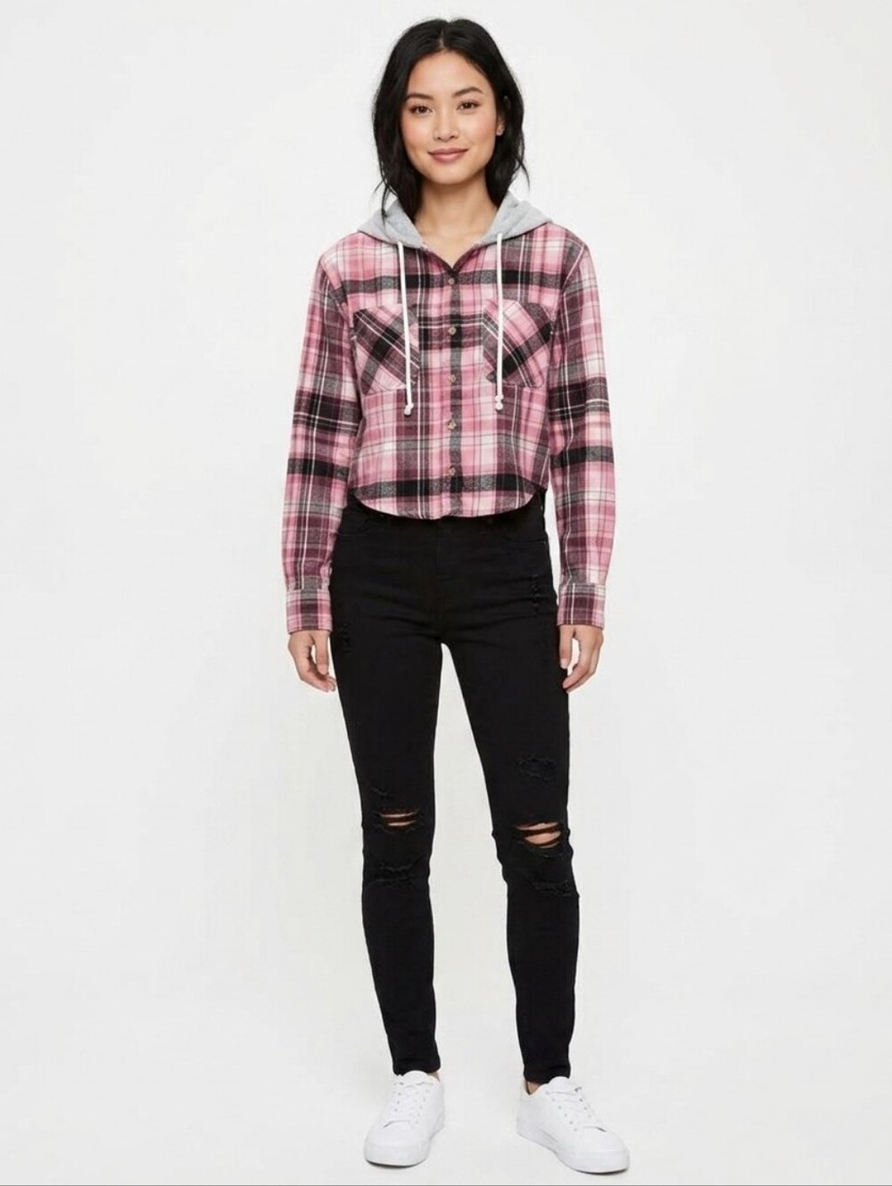 No Boundaries Juniors Dusty Rose Hooded Cropped Flannel Shirt Size XS (1) GUC 🐈